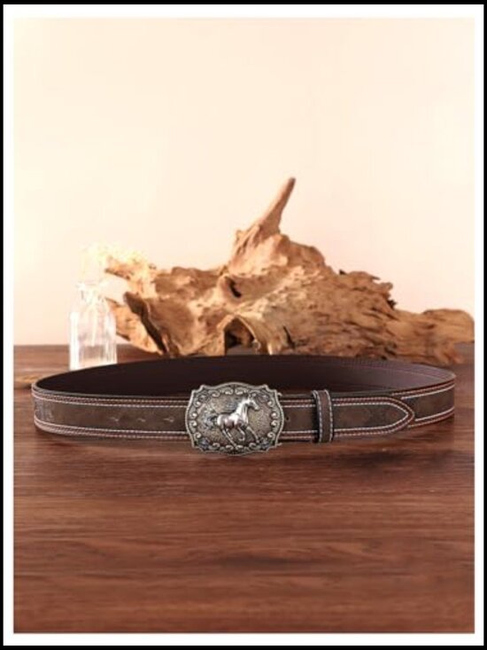 Retro Western Belt with Metal Buckle Faux Leather Floral Waist Cinch